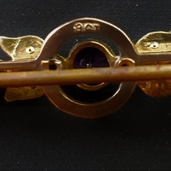 Antique Old Cut Amethyst Seed Pearls 9k Yellow Gold Brooch w Chain English Pin - Picture 5 of 6